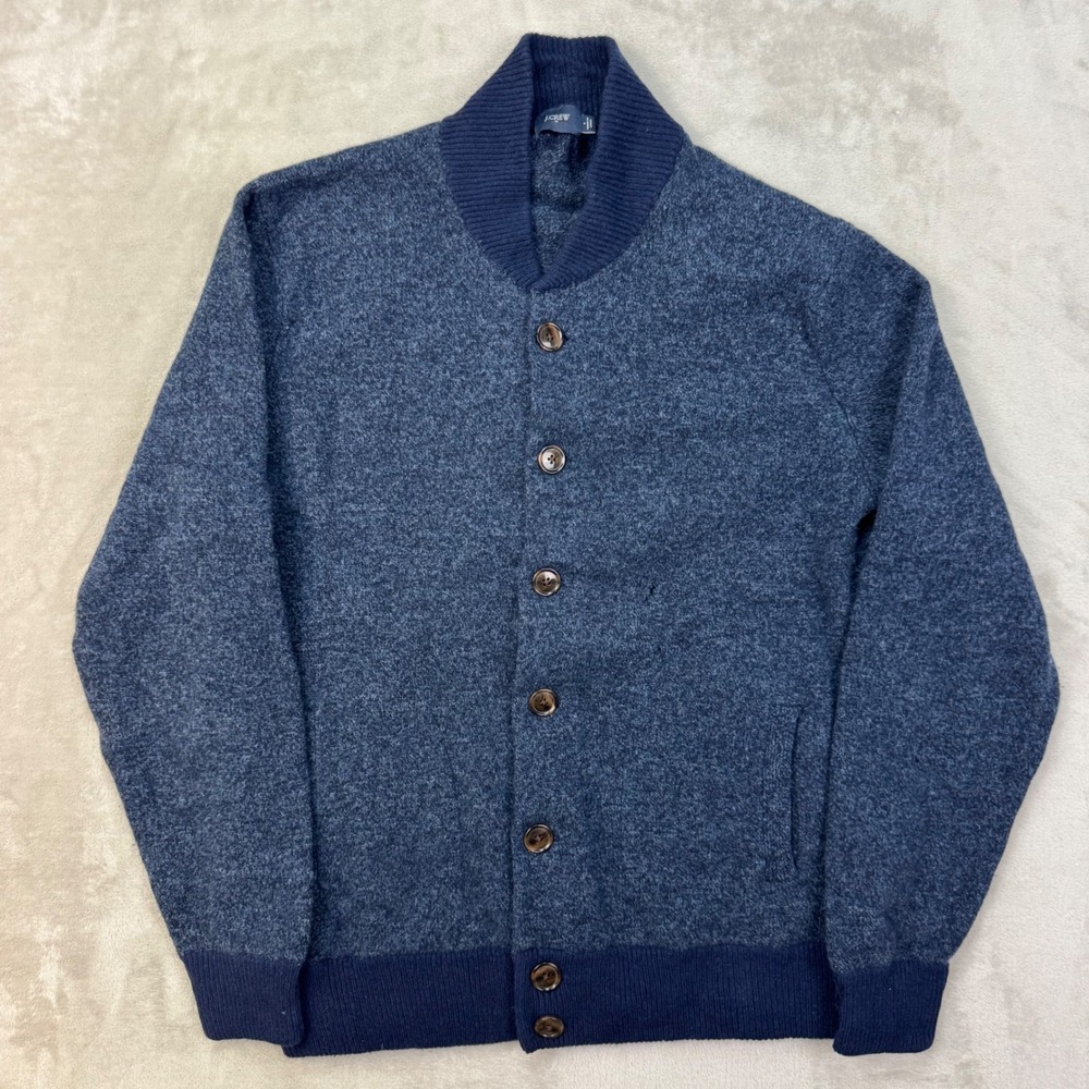 J Crew Cardigan Mens L Blue Shawl Collar Lambs Wool Button Preppy Sweater (Read)